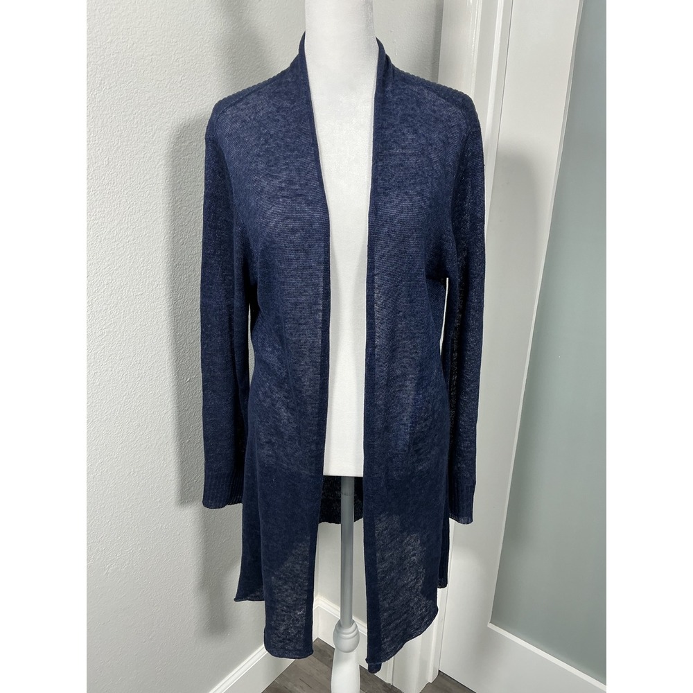 Eileen Fisher Linen Open Front Cardigan Sweater Navy Blue Italian Yarn Size M